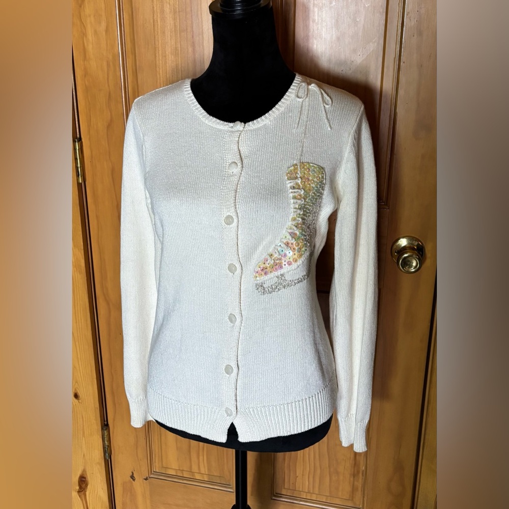 VTG Susan Bristol Cardigan Sweater Ice Skates Cotton Cashmere Ivory Sequins Sz M